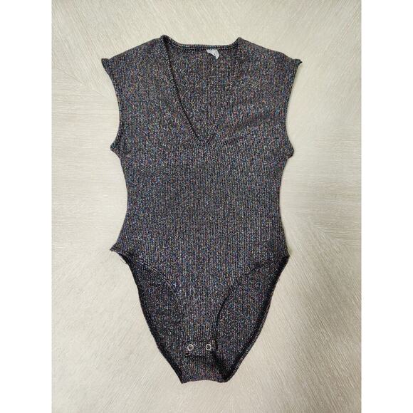 Out From Under UO Black Rainbow Sparkle Glitter V-neck Halter Top Bodysuit S - Picture 3 of 14